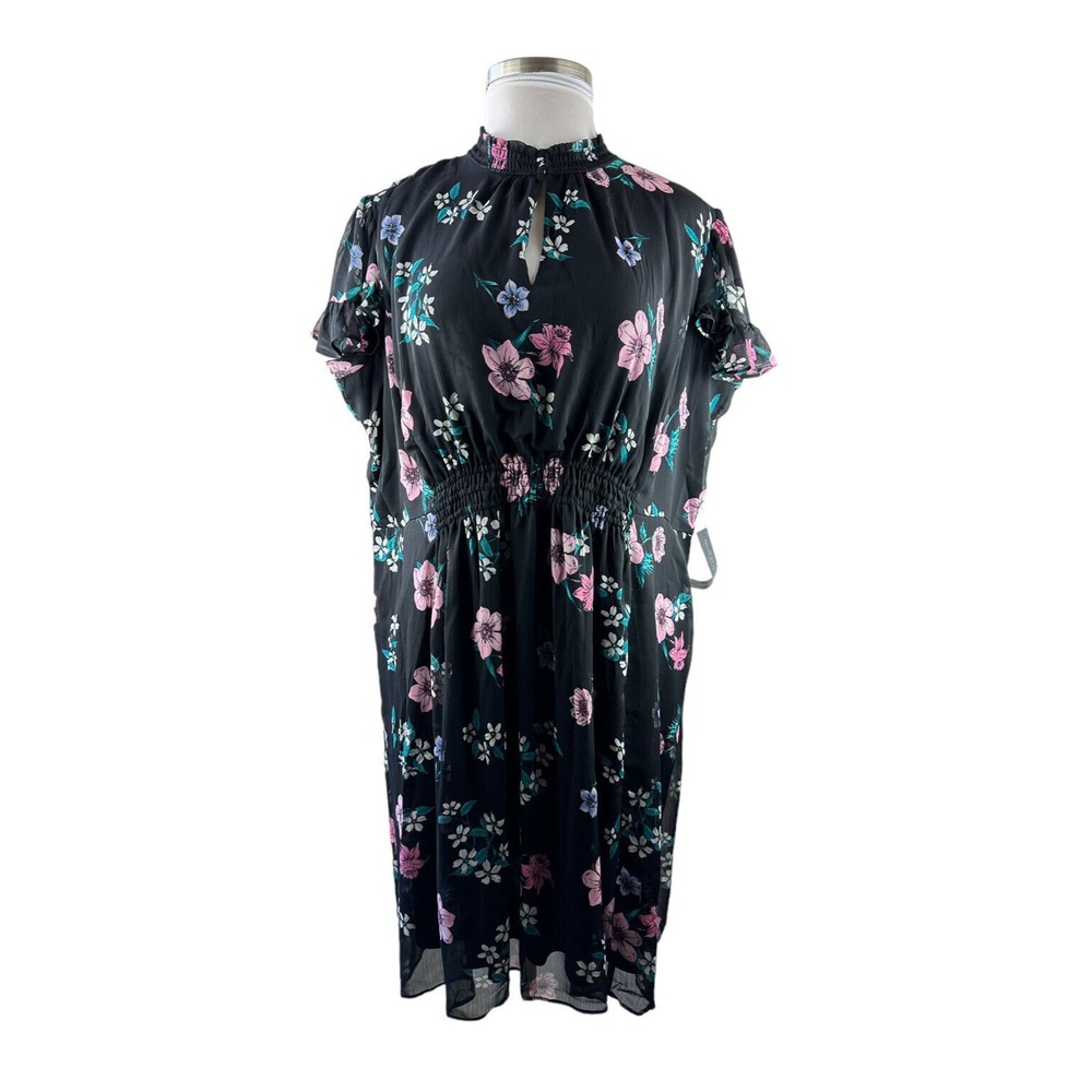 NWT Lane Bryant Floral Dress Blk Smocked Keyhole Chiffon Plus Size 24P 24 Petite - Picture 4 of 15